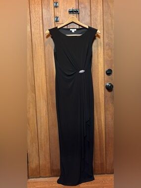 Coldwater Creek Elegant Black Evening Gown with Decorative Brooch